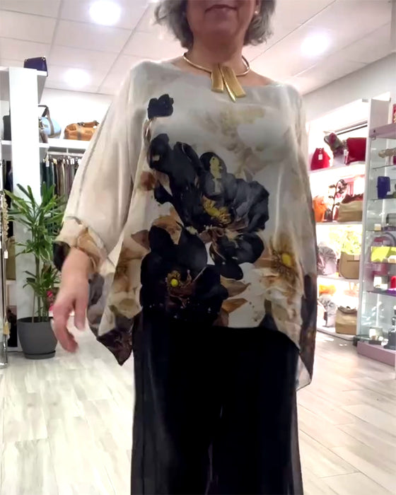Bluse Langærmet Uregelmæssig Store Blomstermønster