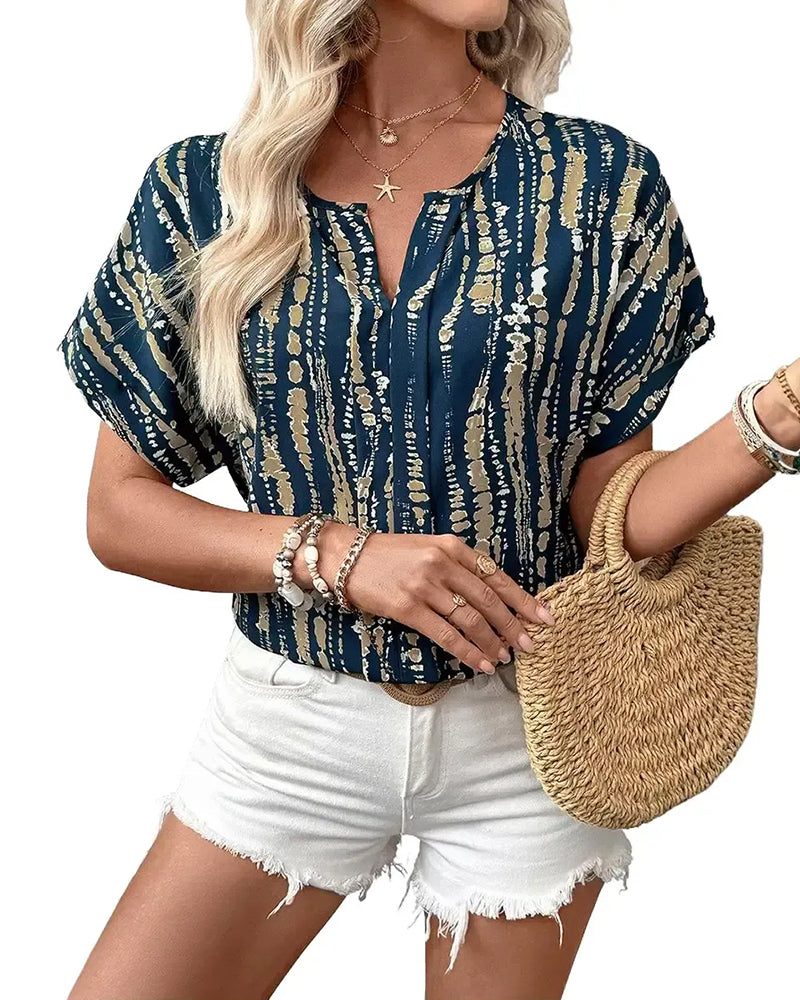 Bluse Tie-Dye Vertikal Stribe Mønster Korte Ærmer
