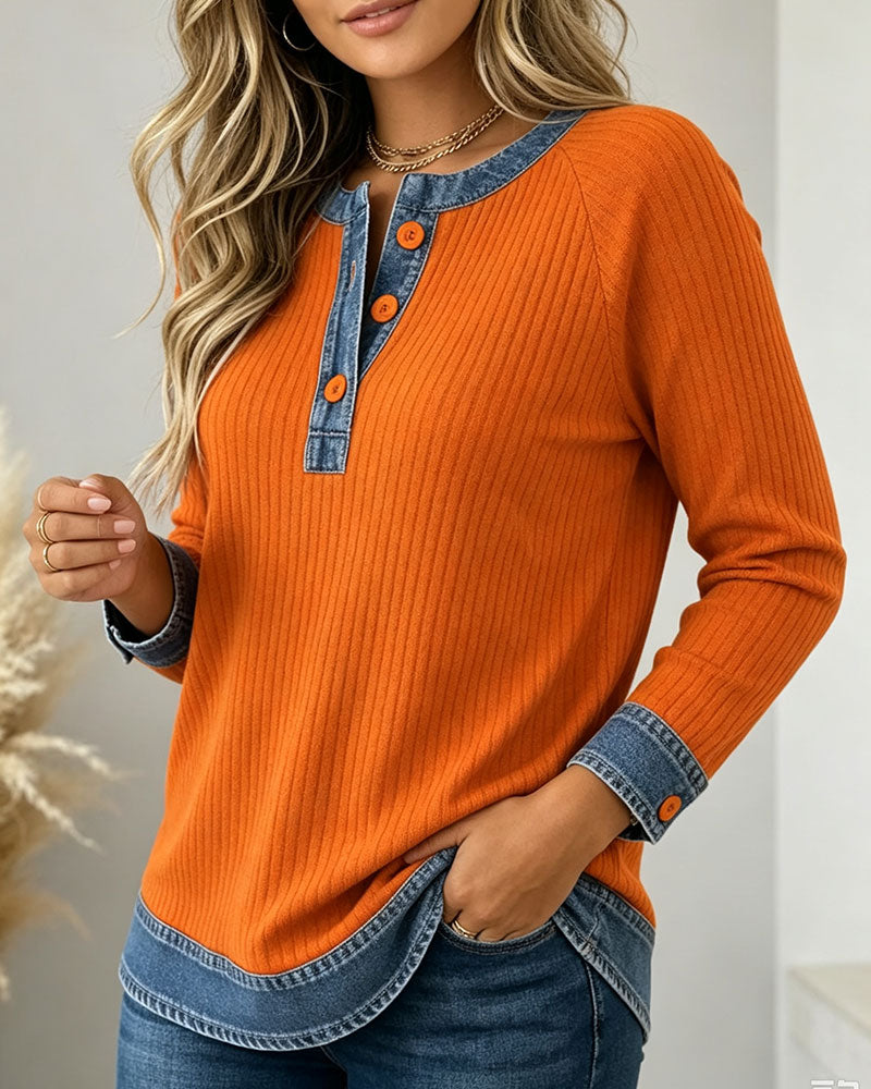 Top Knapper Rund Hals Ærmegab Denim Patchwork