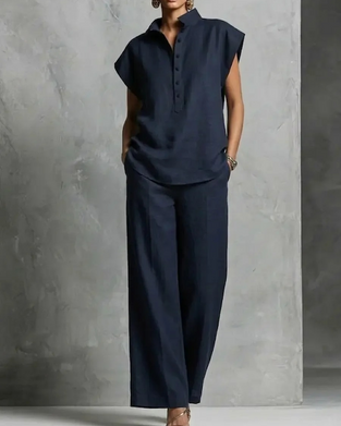 Sæt Ensfarvet Bluse & Bred Ben Bukser