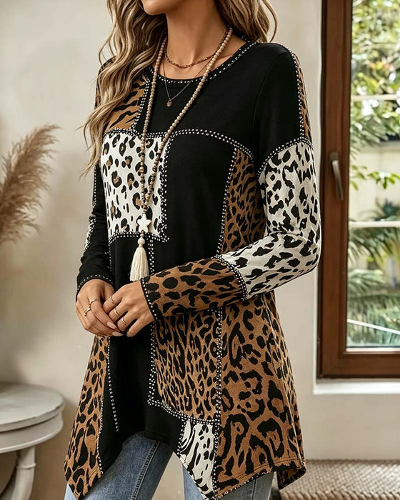 Bluse Leopard Tryk Patchwork Uregelmæssig