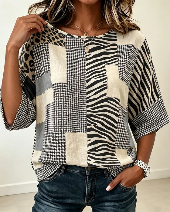 Bluse Rundhals Patchwork Ternet Leopard