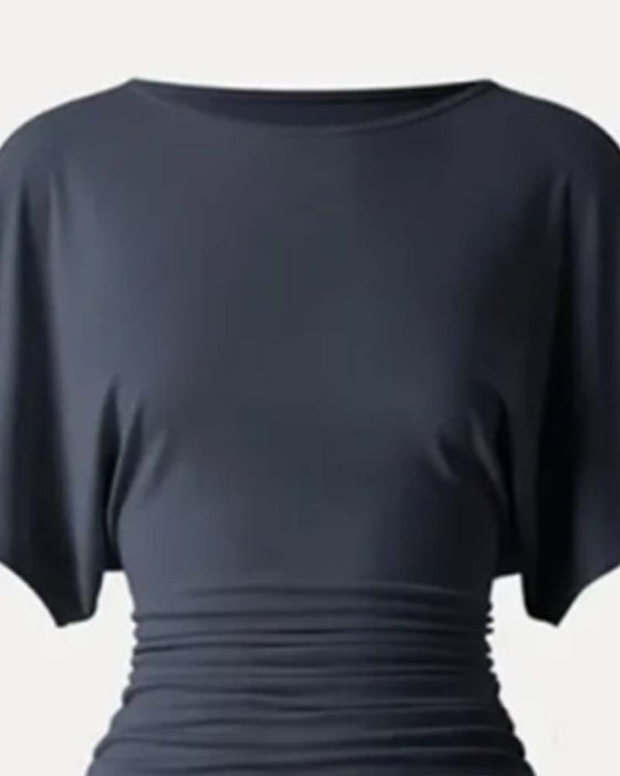 Bluse Casual Ensfarvet Plisseret Kort Ærme
