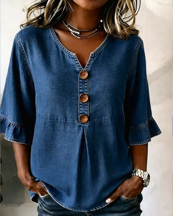 Bluse V-Udskæring Udvidet Ærme Denim