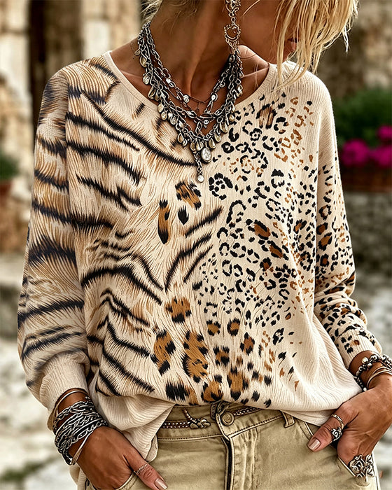 Bluse Rundhalset Leopard Lang Ærme