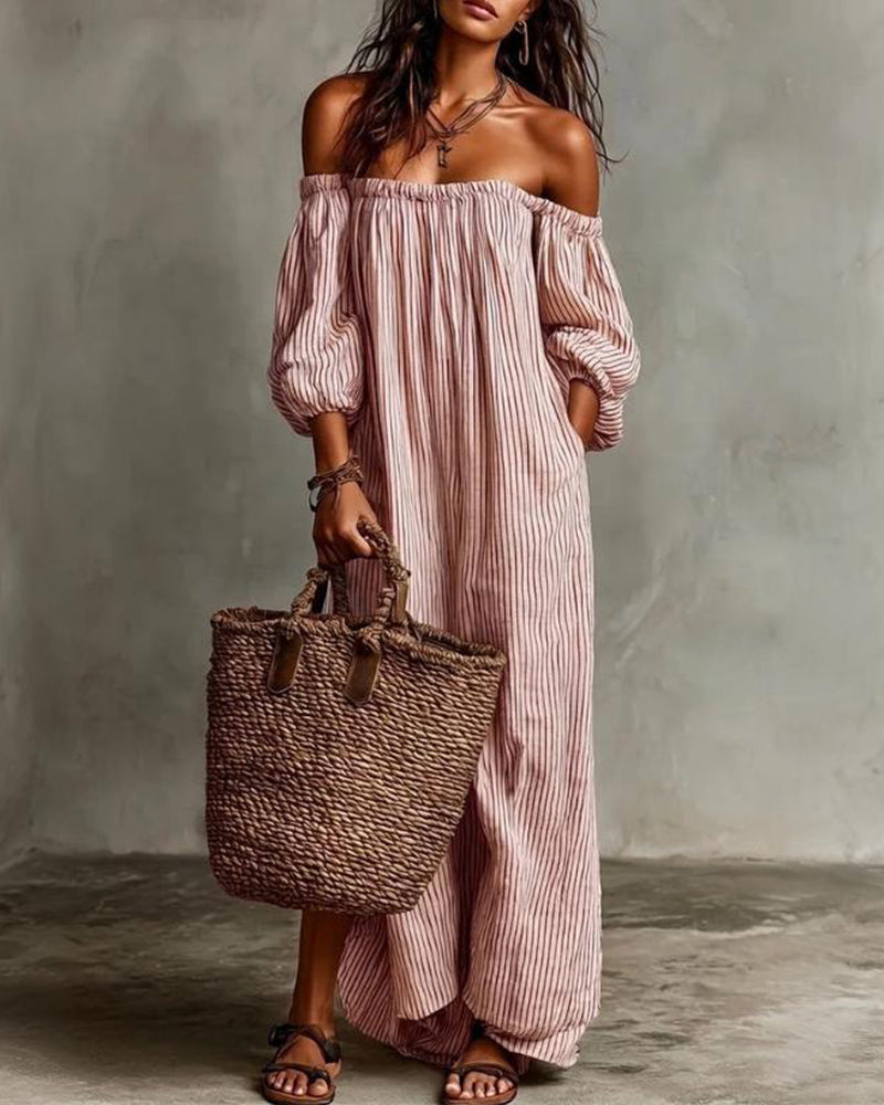 Kjole Løs Off-Shoulder Stribet