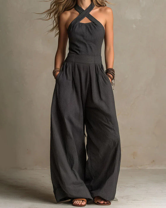 Jumpsuit Halter Kryds Ærmeløs Stribe