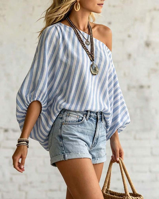 Bluse Asymmetrisk Hals Stribe Pufærme