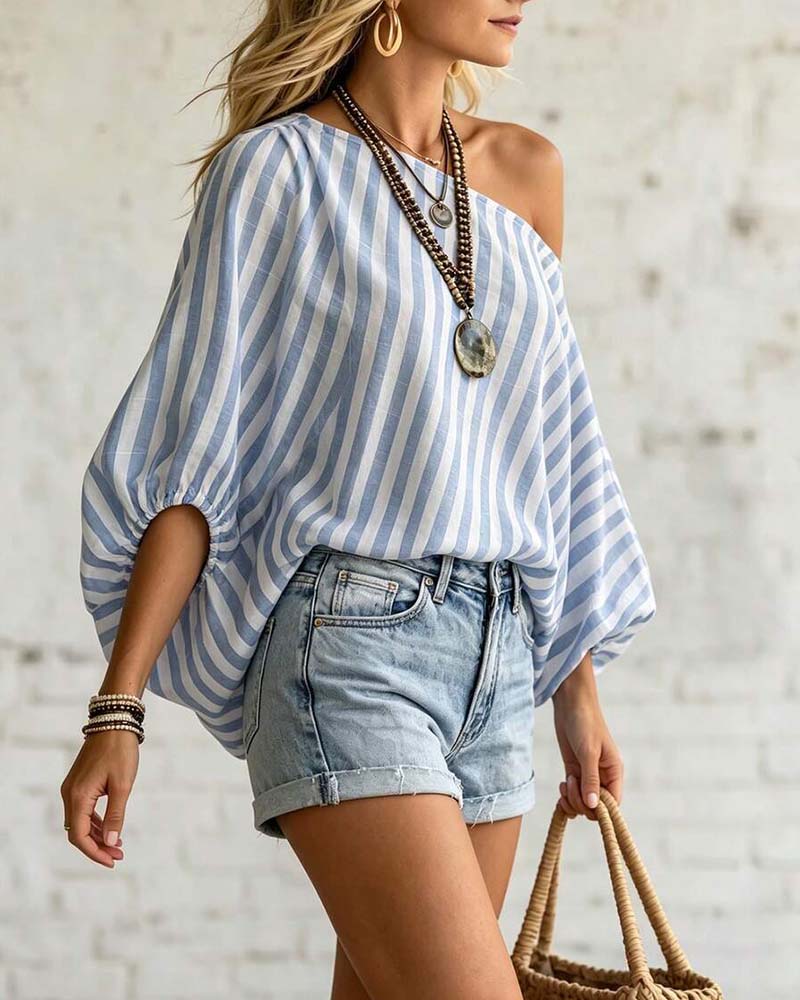 Bluse Asymmetrisk Hals Stribe Pufærme
