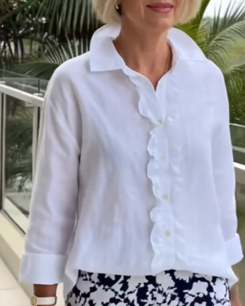 Bluse Rynket Langærmet Ensfarvet Krave