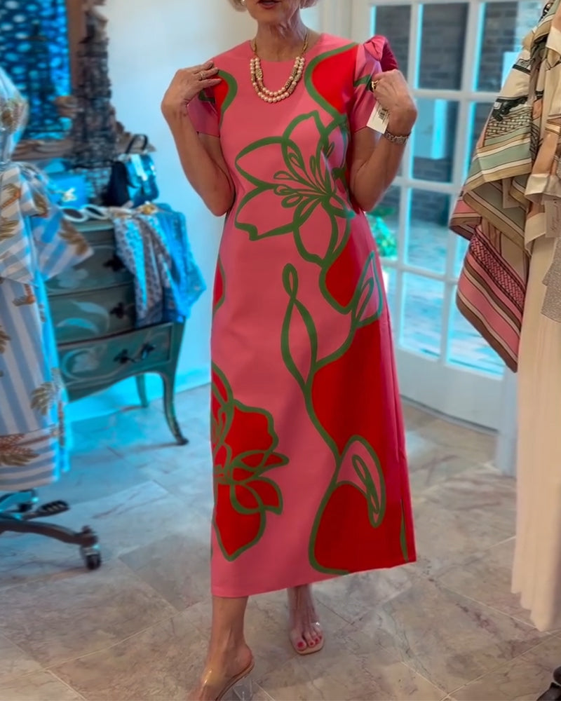 Kjole Farveblokeret Blomsterprint Lige