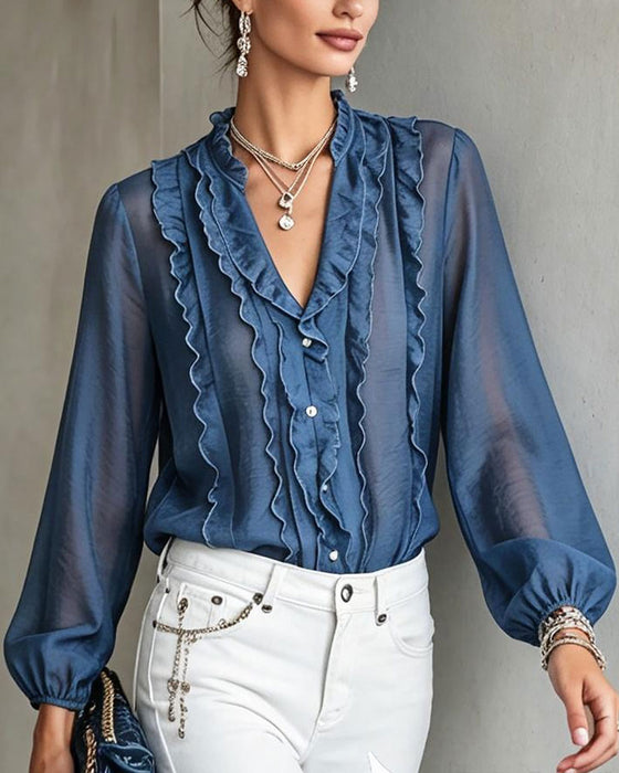 Bluse V-Hals Knap Ruffle