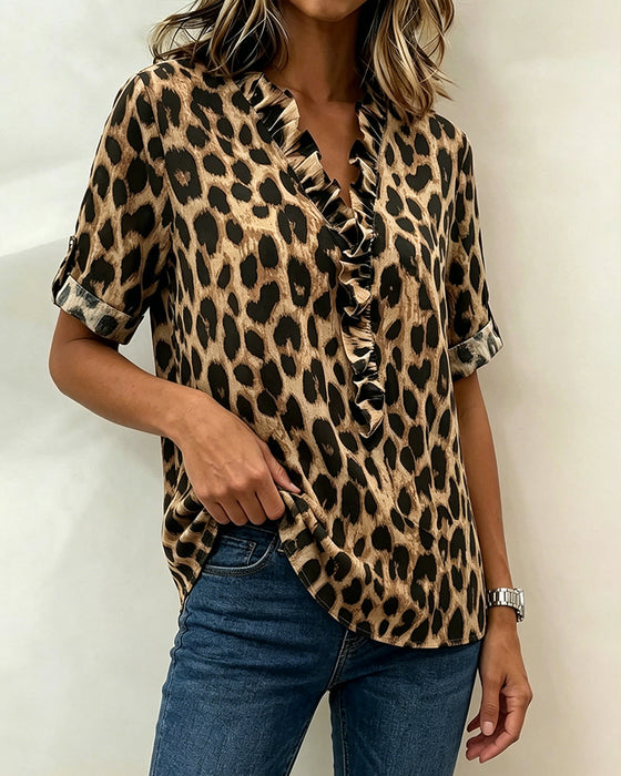 Bluse Klassisk Leopardprint Flæse