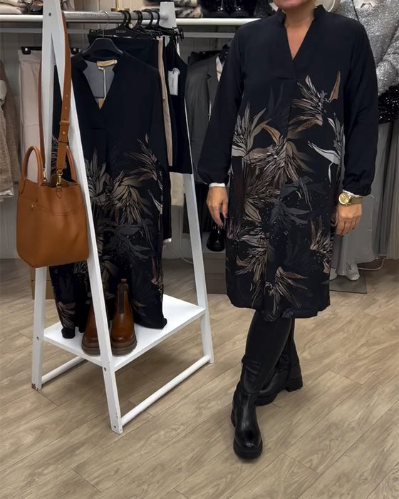 Kjole V-hals Blad Print Langærmet