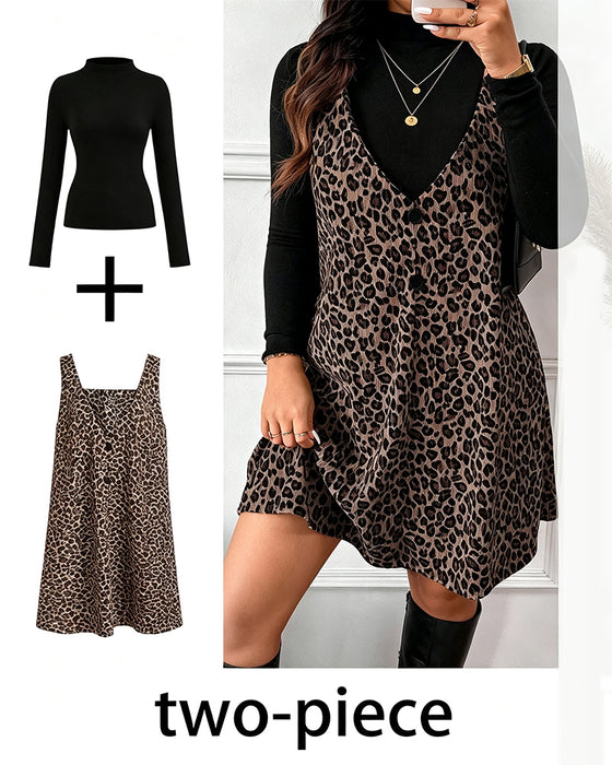 Sæt Turtleneck Slim Fit Leopardmønster Hængeskørt