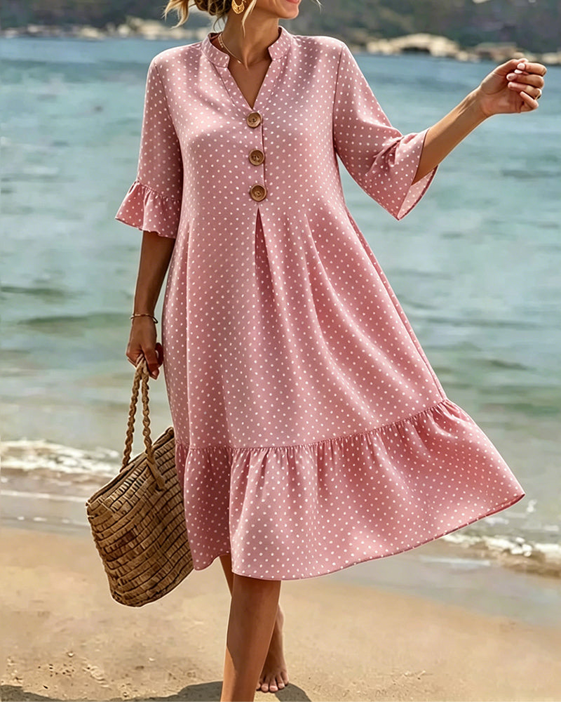 Kjole Polka Dot V-Hals Rynket Ærme