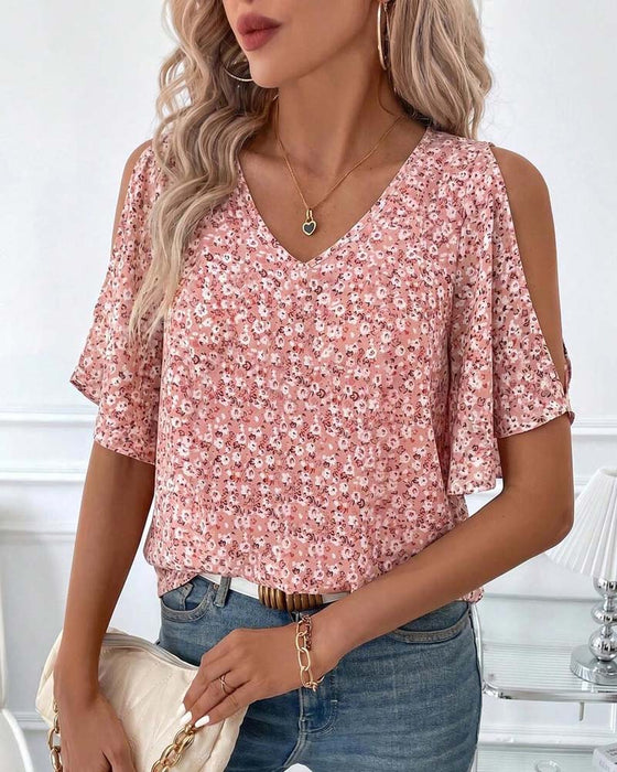 Bluse V-Hals Blomstrende Off-Shoulder Flutter Ærme