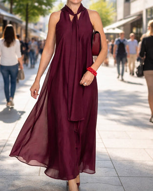 Kjole Halsudskæring Maxi Nederdel Ensfarvet Let Chiffon