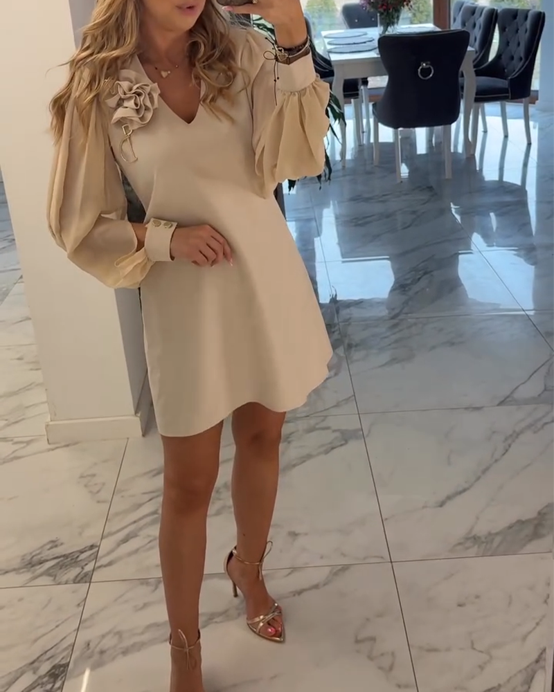 Kjole Tredimensionel Blomst V-hals Lygte Ærme