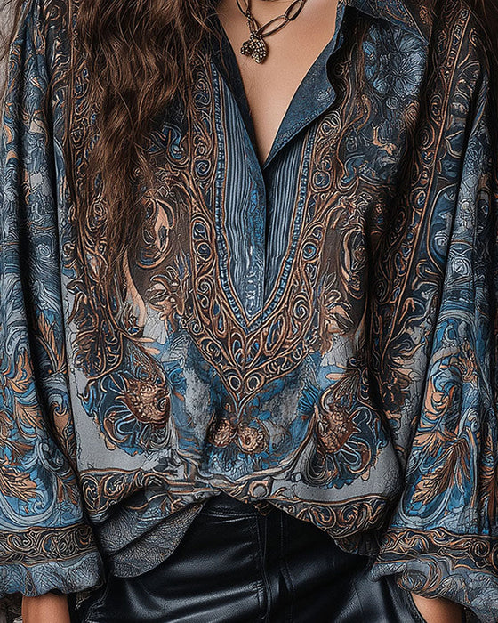 Bluse Retro Tryk V-hals Opslag Sofistikeret