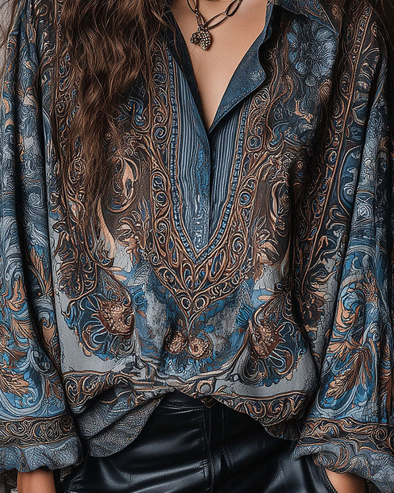 Bluse Retro Tryk V-hals Opslag Sofistikeret