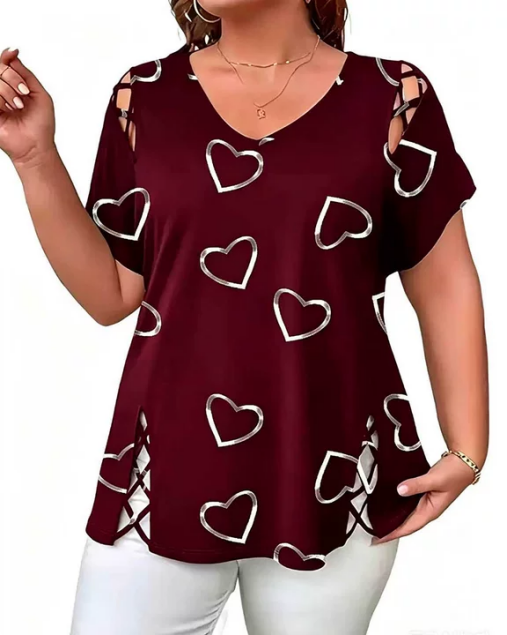 T-Shirt Hjertemønster Gennembrudt Kortærmet