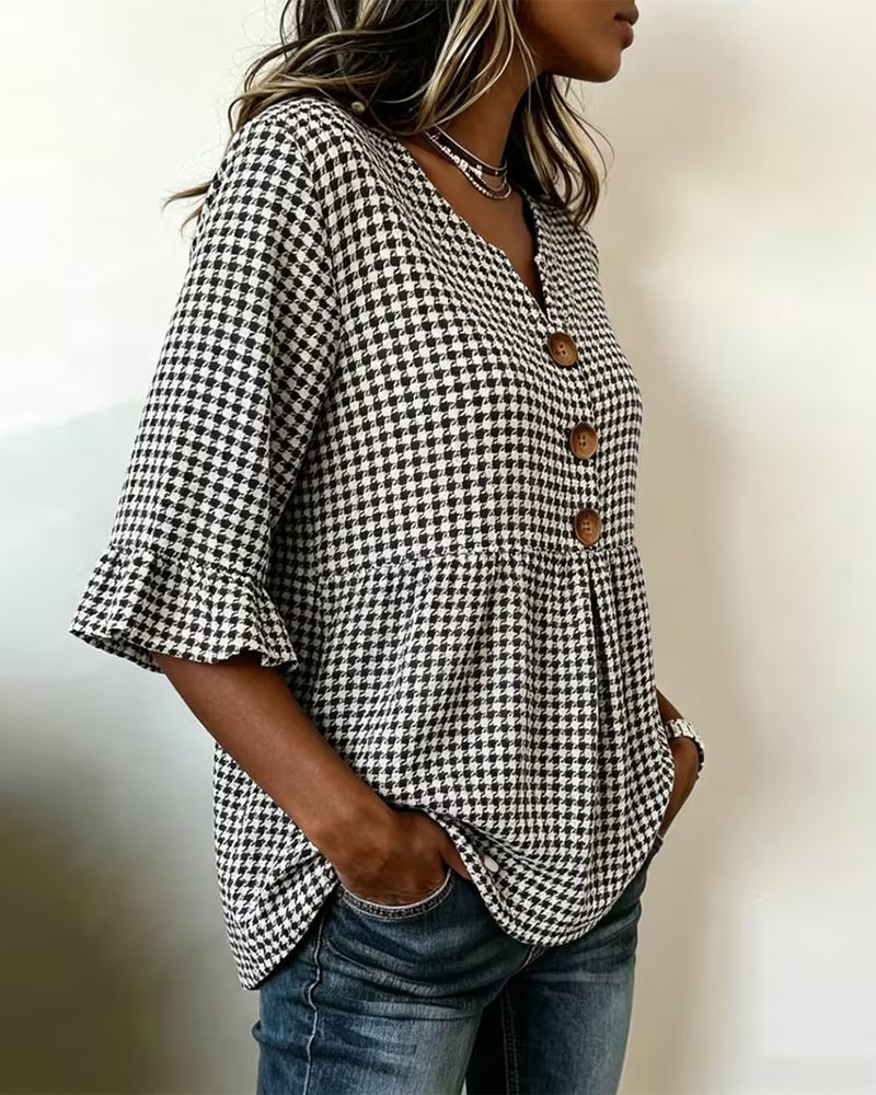 Bluse Houndstooth Treknap Afslappet