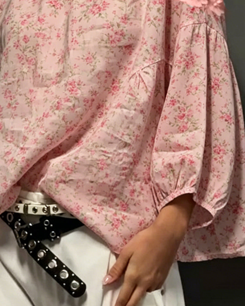 Bluse Rund Hals Off-Shoulder Blomstrende Løs