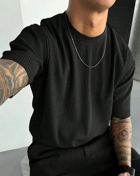 T-Shirt Ribbet Høj Hals Casual Ensfarvet