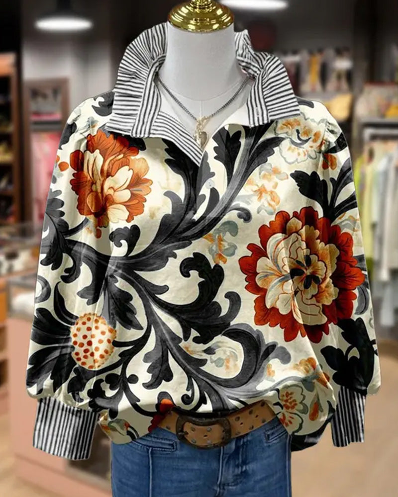 Vintage Blomstret Patchwork Stribe Krave Bluse