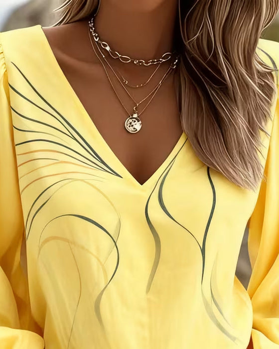 Bluse V-hals Linje Trykt Pufærme