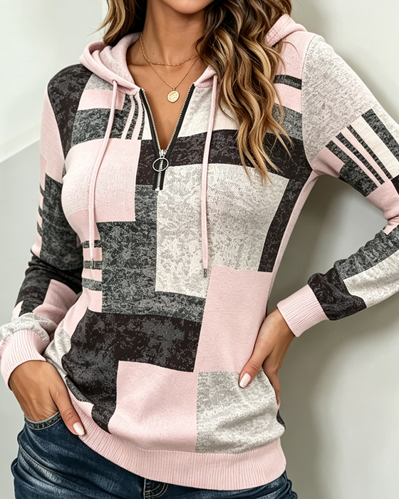 Hoodie Halv-Zip Casual Kontrast Rutemønster