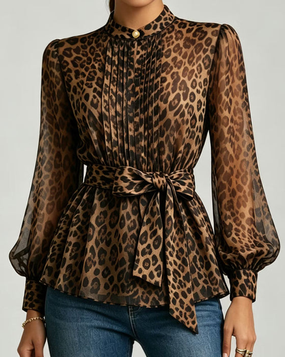 Bluse Leopard Tryk Stående Krave Puf Ærme Snøring