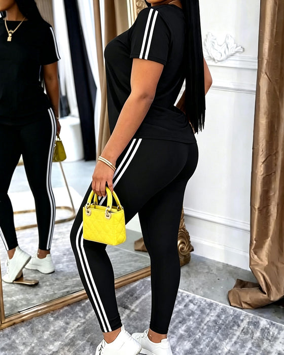 Sæt Stribet Kortærmet Lange Sweatpants
