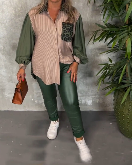 Skjorte med lanterneærmer og leopardprintet brystlomme