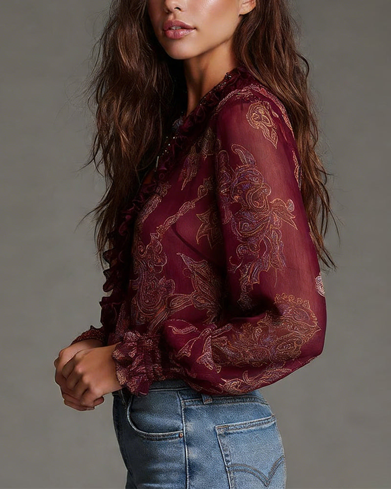 Bluse Halvlås Rynke Retro