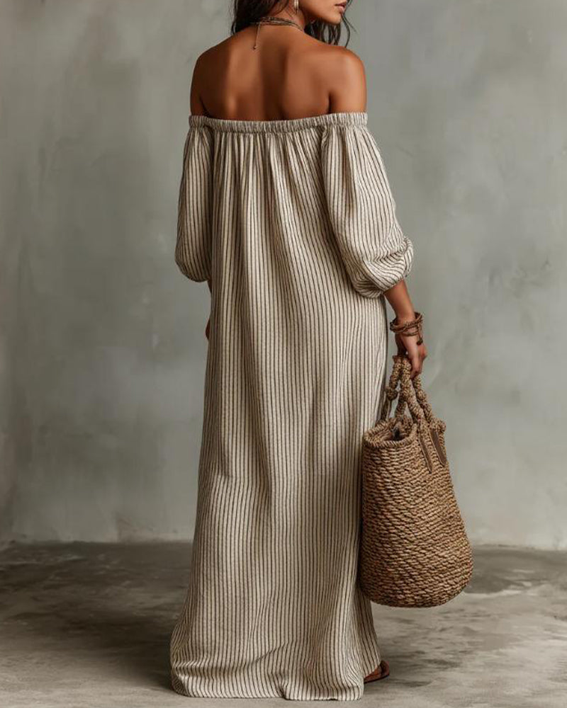 Kjole Løs Off-Shoulder Stribet