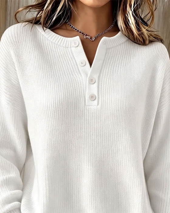 Pullover Ensfarvet Knap Casual