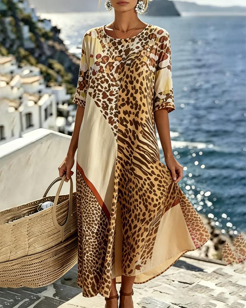 Kjole Leopard Tryk Rundhalset Patchwork