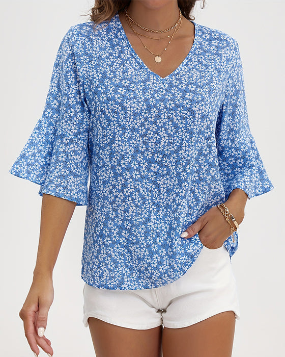 Bluse V-Hals Floral Sommerfugl Ærme