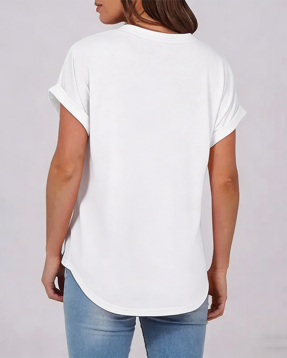 T-Shirt Ensfarvet V-Udskæring Kortærmet