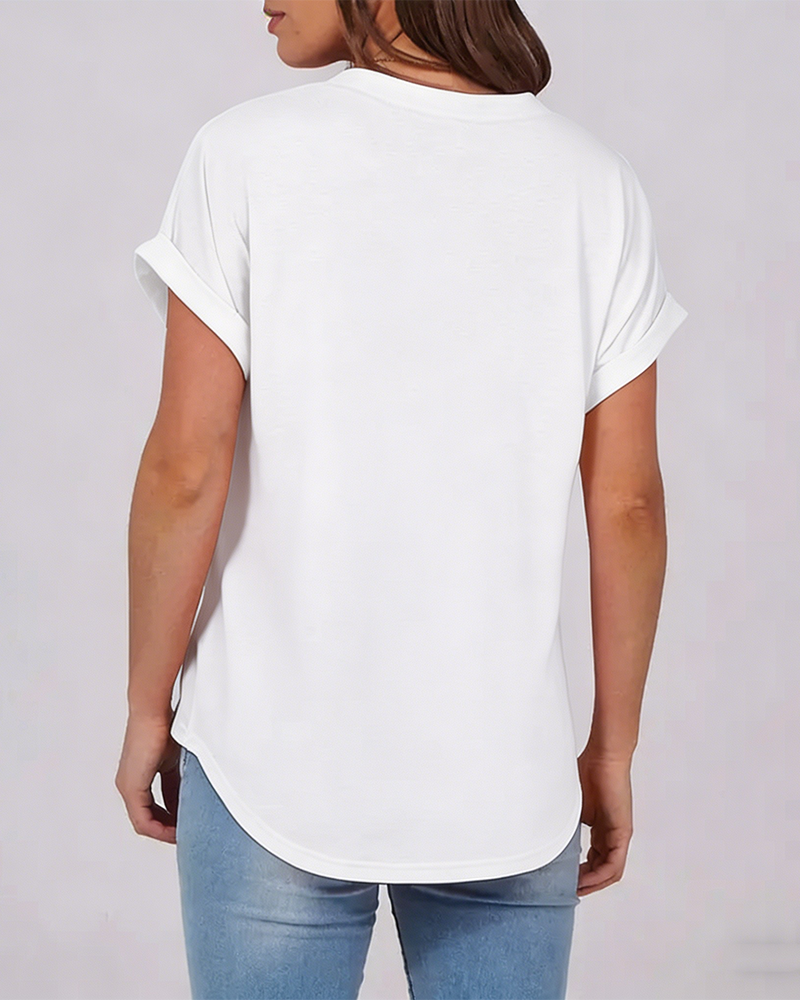 T-Shirt Ensfarvet V-Udskæring Kortærmet