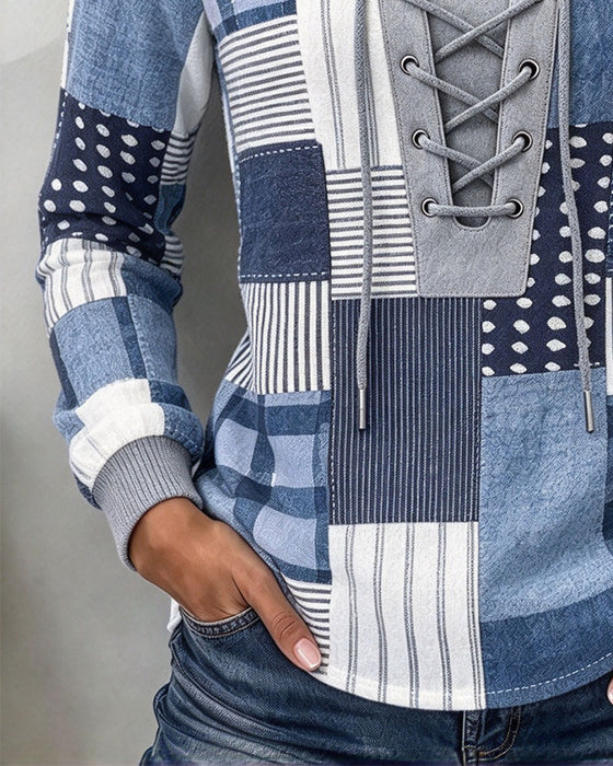 Sweatshirt Snøring Ternet Langærmet Slim