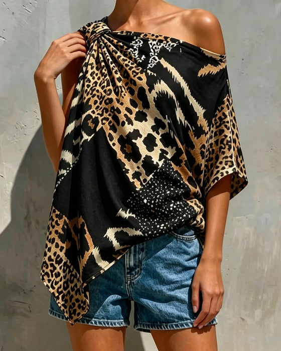 Bluse Leopardmønster Patchwork Enskulder