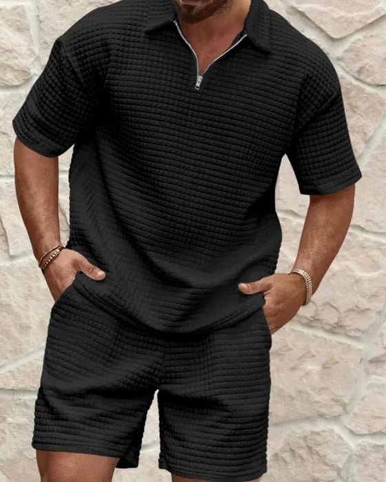 Set Polo Krave Lynlås Vaffel Tekstur Shorts