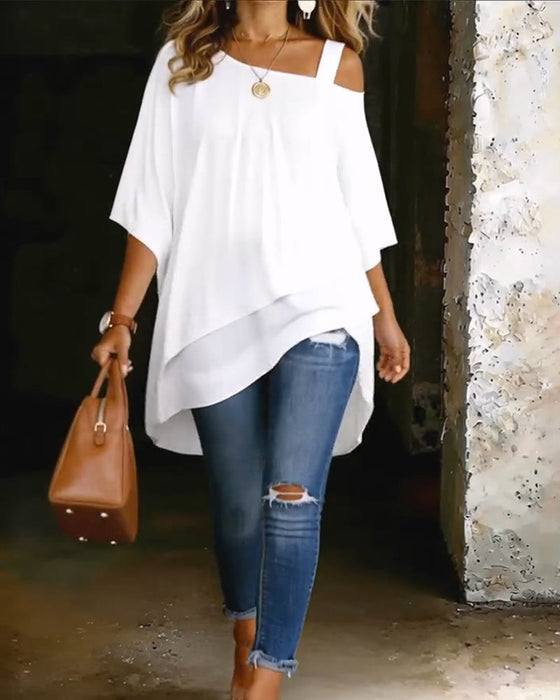 Bluse Asymmetrisk Cold Shoulder Ensfarvet Afslappet