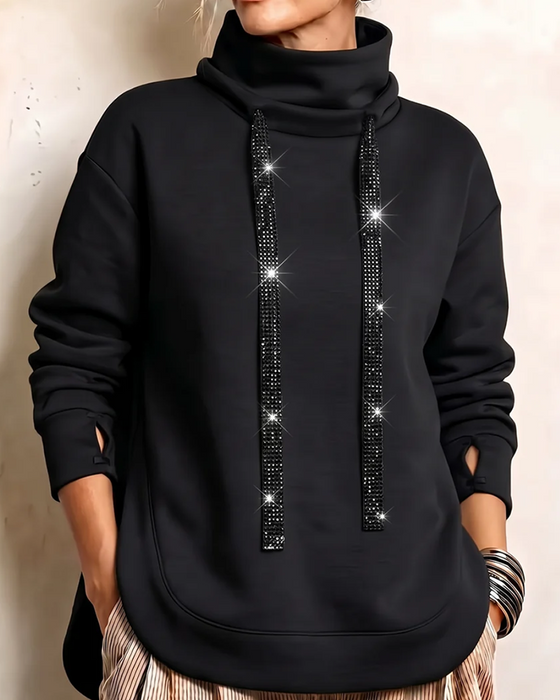 Sweatshirt Høj Hals Rhinestone Snøre
