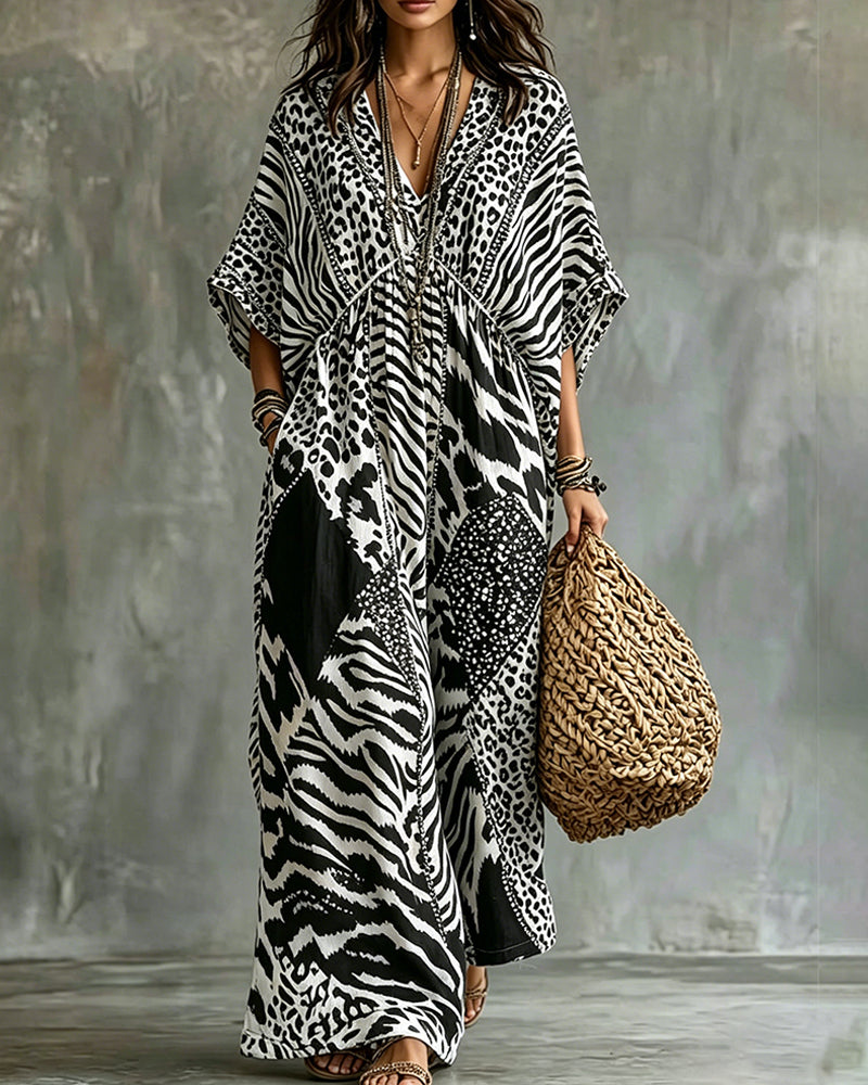 Kjole V-Hals Leopardprint Flagermusærme