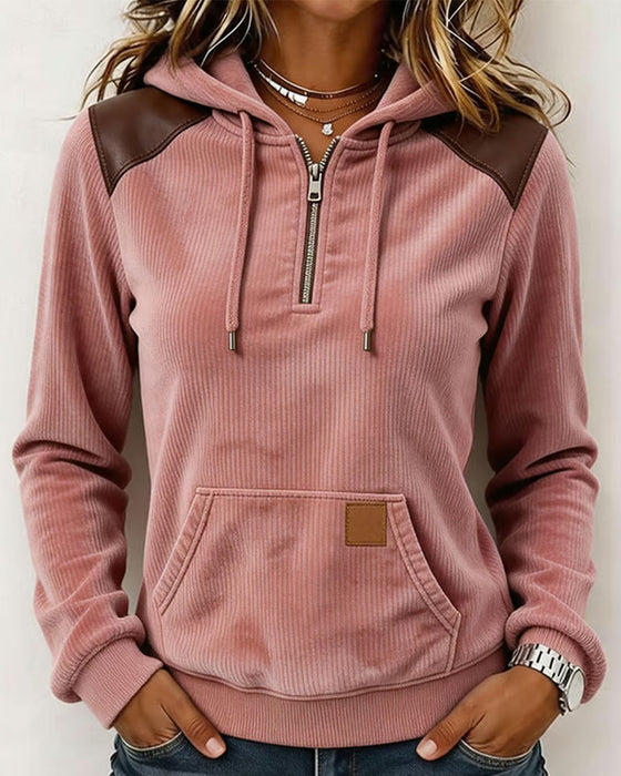 Hoodie Fløjl Halv Lynlås Med Hætte