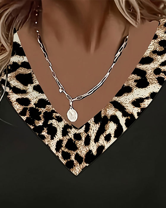 T-Shirt Lang Ærme V-Hals Leopard Patchwork